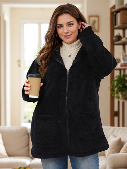 Plus Size Zip Up Long Sleeve Hooded Outerwear-Angel Casuals