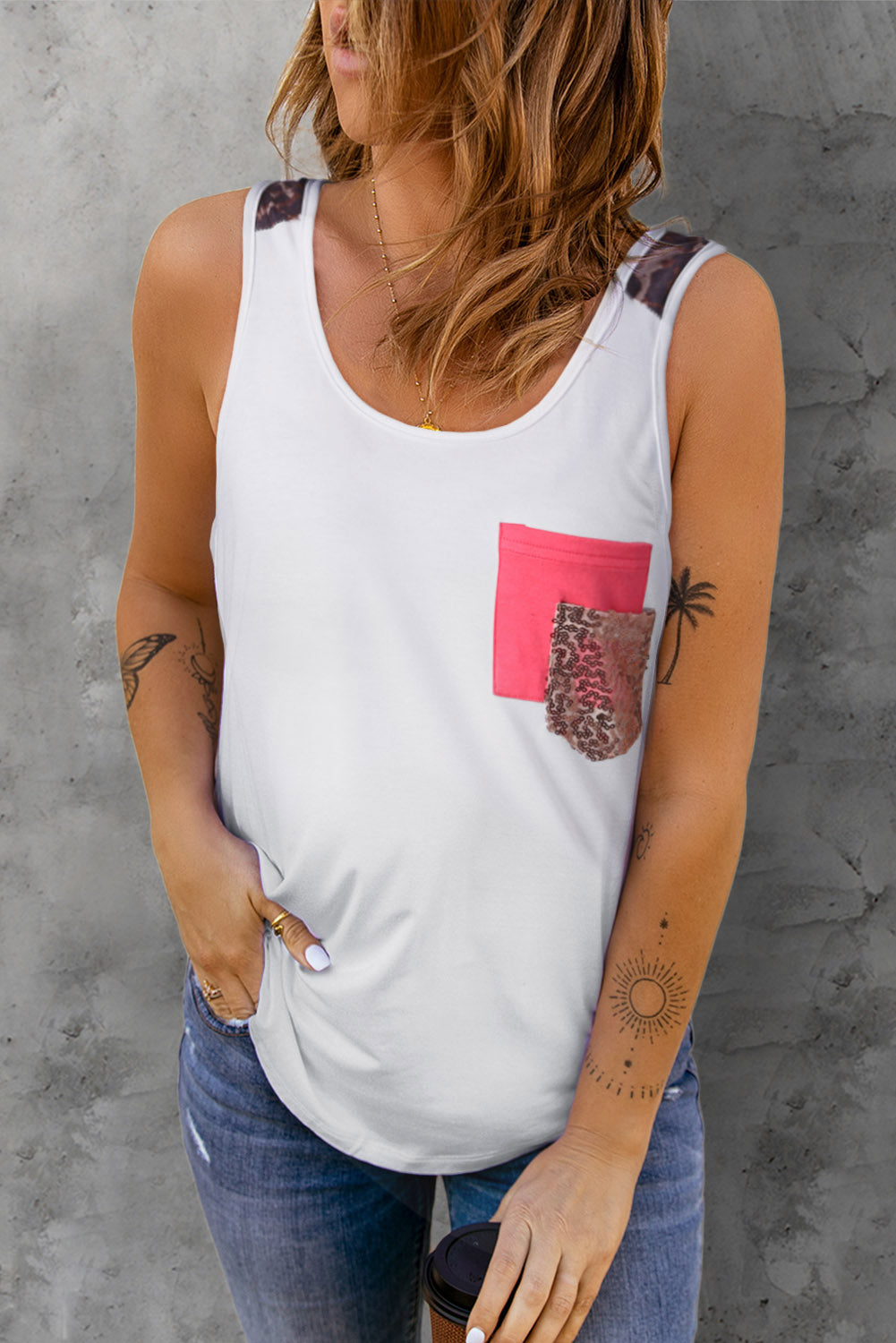 Printed Color Block Pocket Patch Tank-Angel Casuals