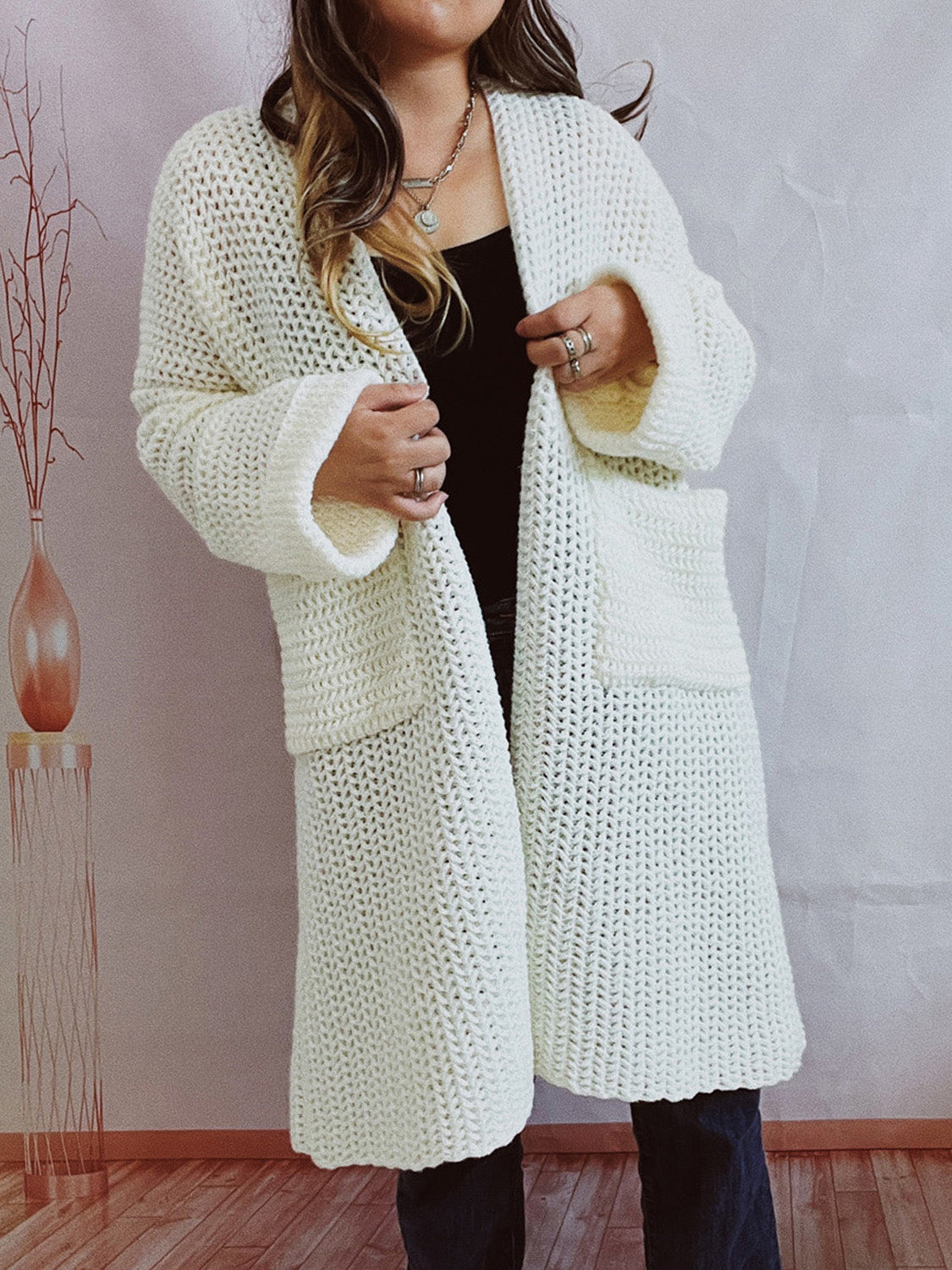 Open Front Long Sleeve Cardigan with Pockets-Angel Casuals