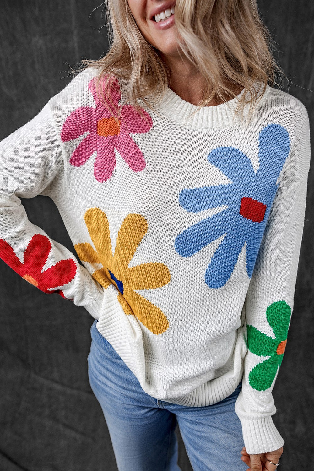 Flower Round Neck Dropped Shoulder Sweater-Angel Casuals