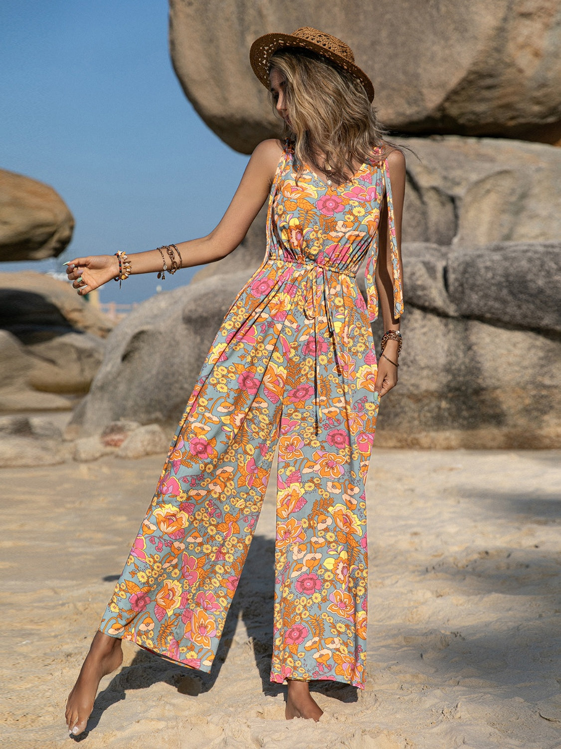 V-Neck Wide Leg Jumpsuit-Angel Casuals