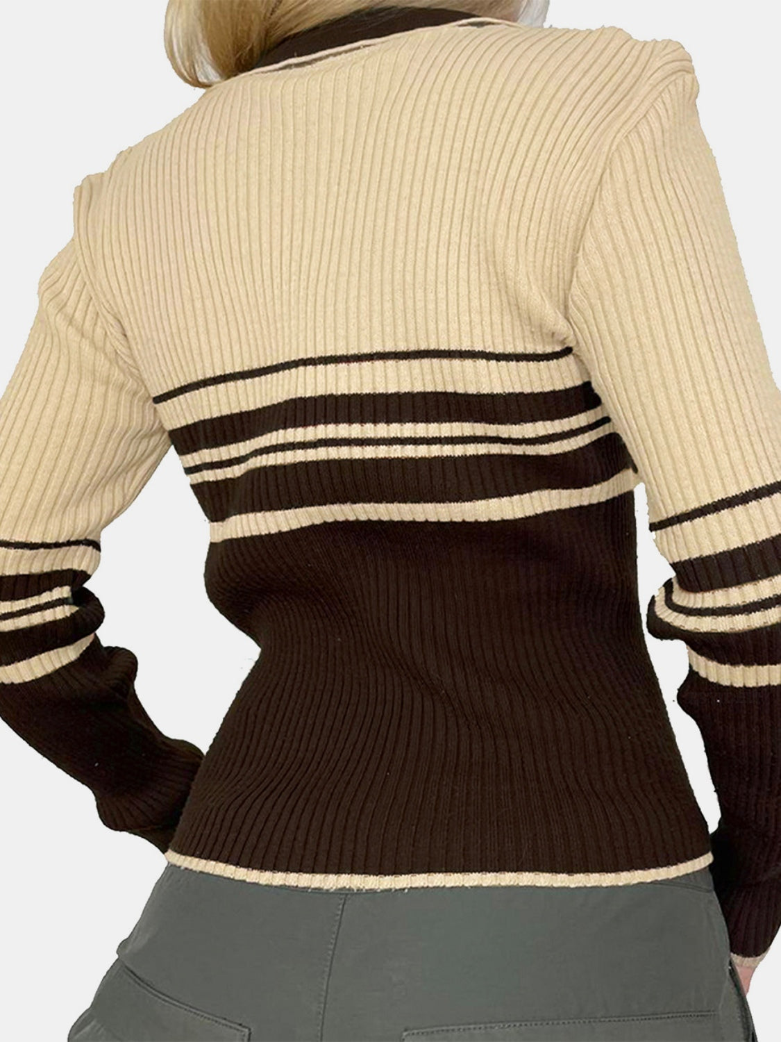 Striped Collared Neck Long Sleeve Knit Top-Angel Casuals