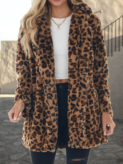 Leopard Collared Neck Coat with Pockets-Angel Casuals