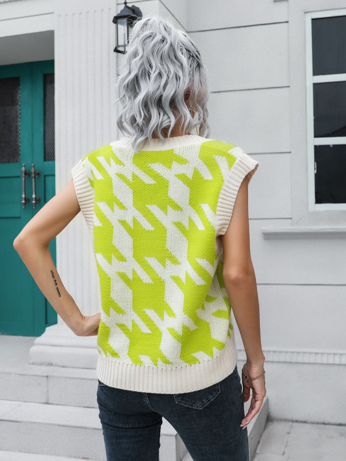 Houndstooth V-Neck Sweater Vest-Angel Casuals