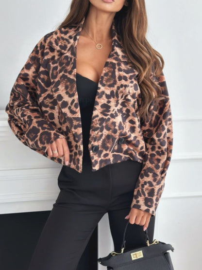 Leopard Collared Neck Cropped Jacket-Angel Casuals