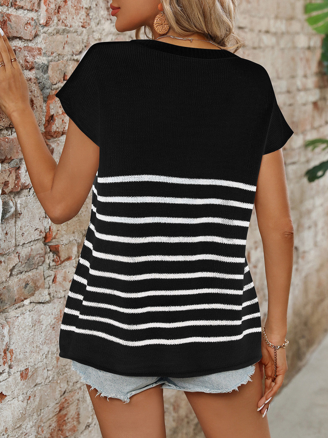 Mandy Striped Round Neck Short Sleeve Knit Top-Angel Casuals