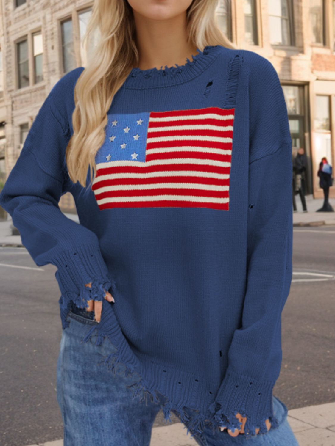 US Flag Distressed Round Neck Long Sleeve Sweater-Angel Casuals