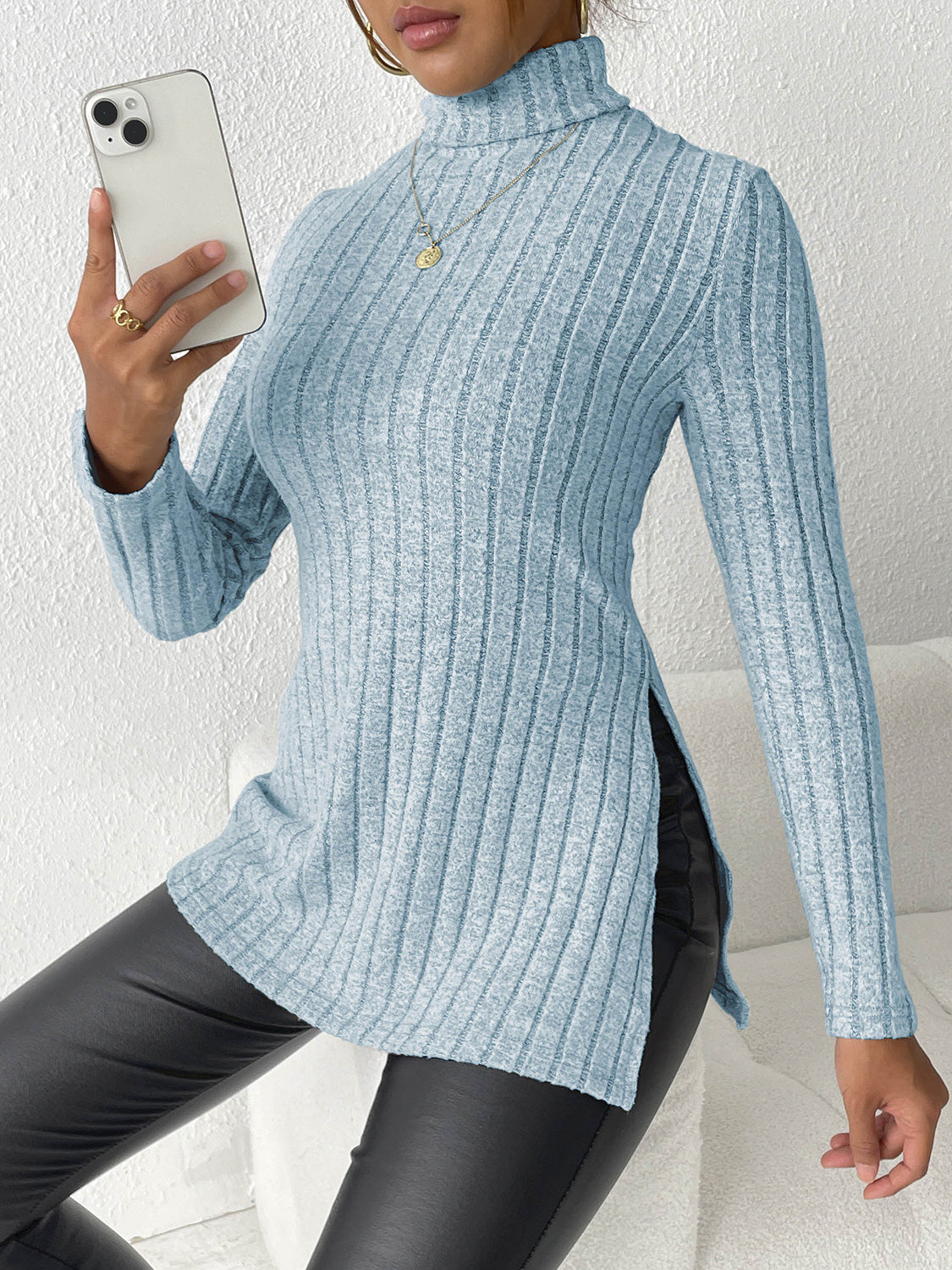 Ribbed Turtleneck Long Sleeve Slit T-Shirt-Angel Casuals