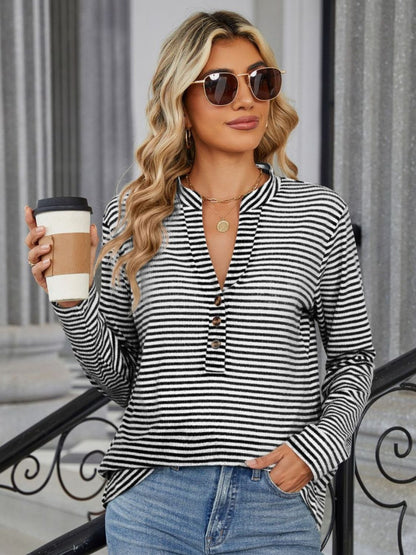 Striped Notched Long Sleeve T-Shirt-Angel Casuals