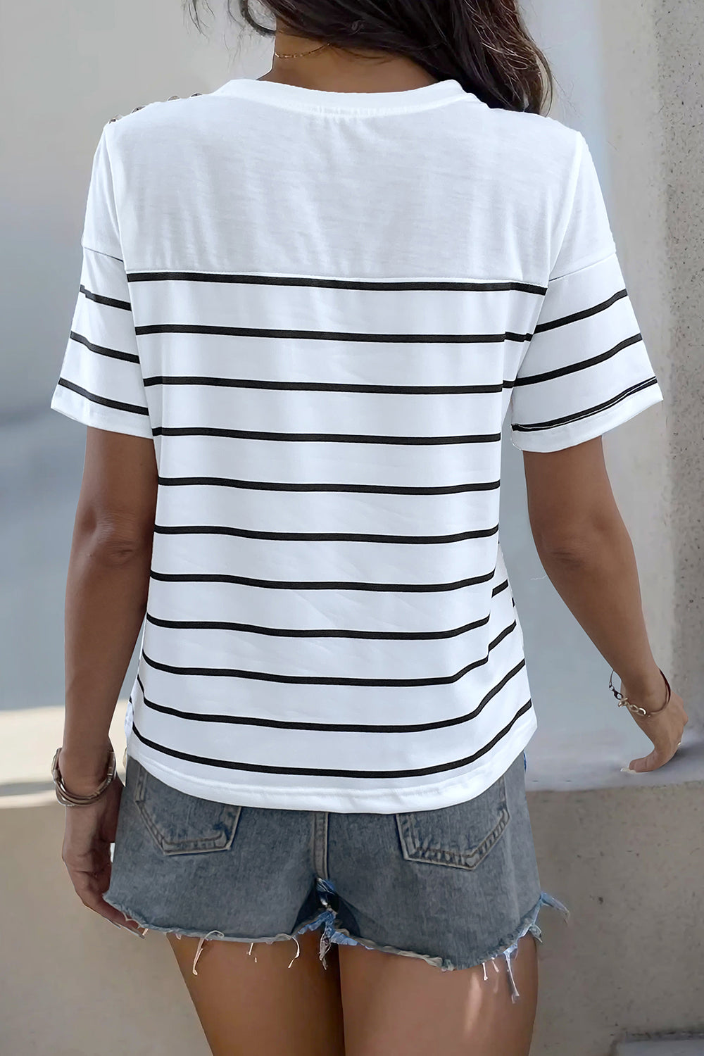 Decorative Button Striped Short Sleeve T-Shirt-Angel Casuals