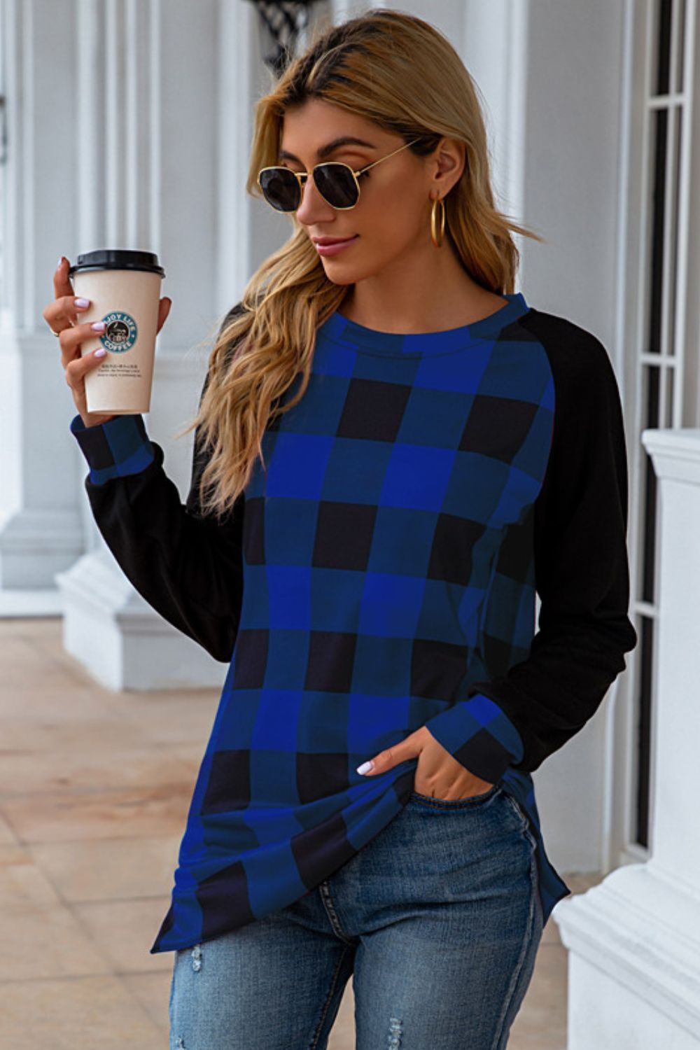 Plaid Round Neck Long Sleeve T-Shirt-Angel Casuals