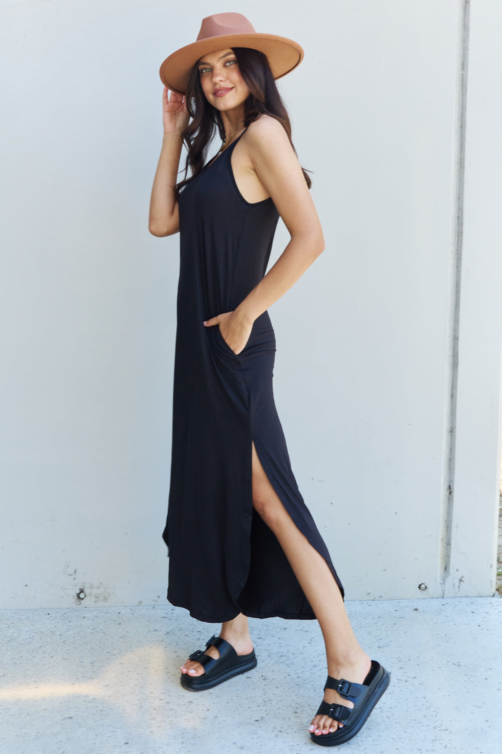 Ninexis Good Energy Full Size Cami Side Slit Maxi Dress in Black-Angel Casuals