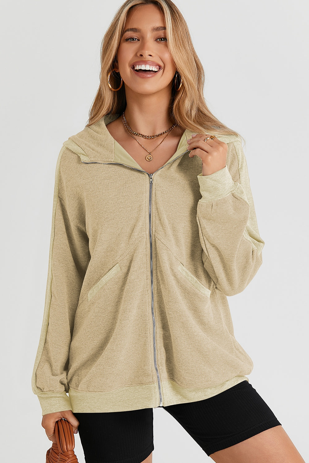 Pocketed Zip Up Dropped Shoulder Hooded Jacket-Angel Casuals