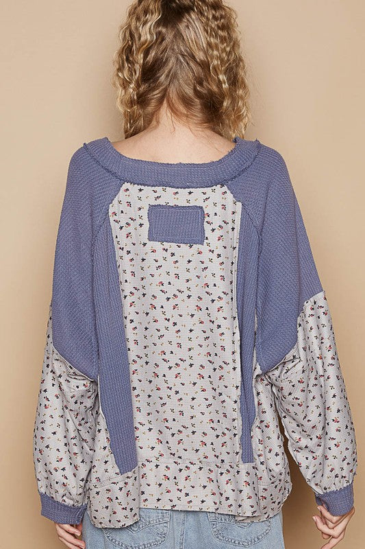 POL Waffle Knit Floral Notched Long Sleeve Top-Angel Casuals