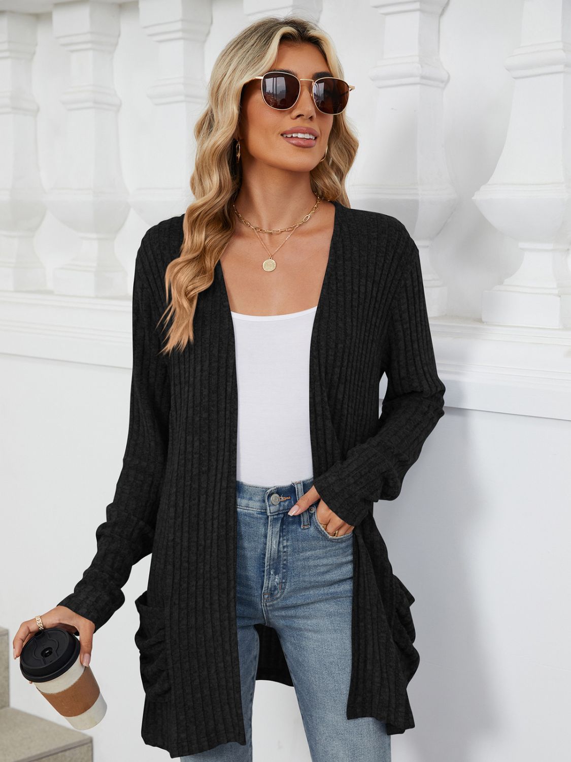 Pocketed Open Front Long Sleeve Cardigan-Angel Casuals