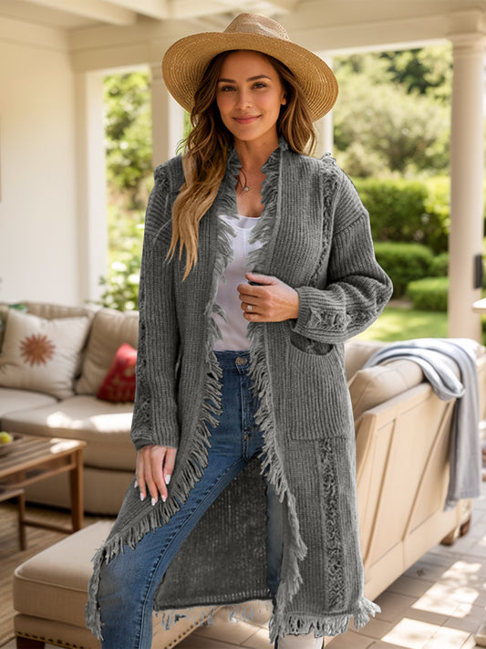 Fringe Open Front Long Sleeve Cardigan-Angel Casuals