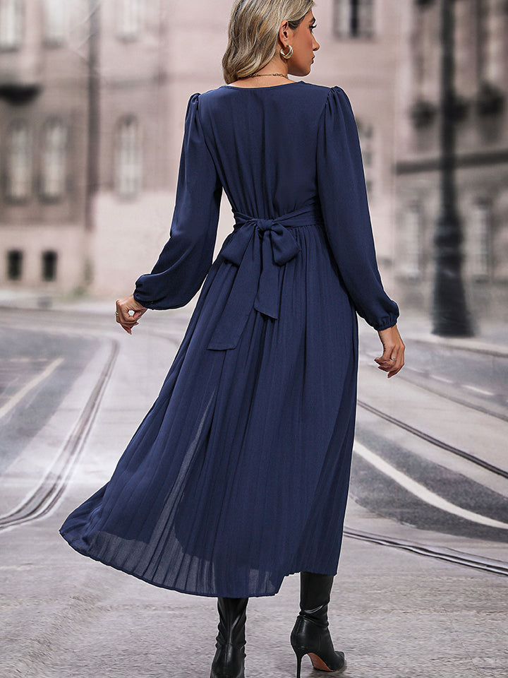 V-Neck Long Sleeve Pleated Slit Dress-Angel Casuals