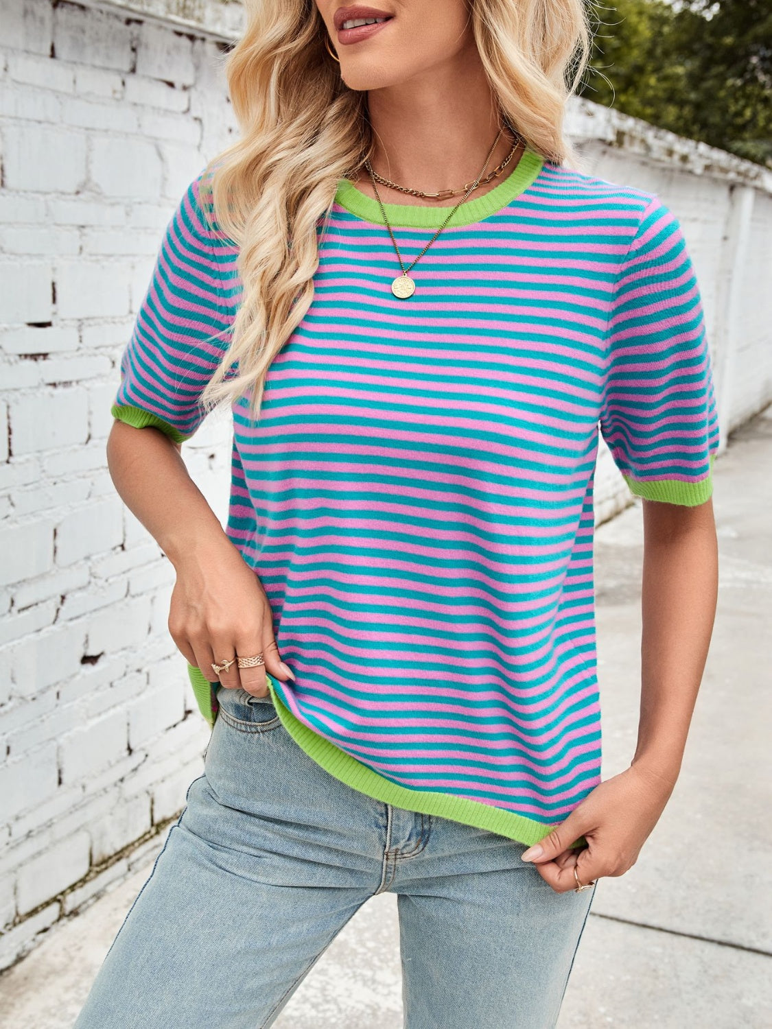 Lovelet Striped Contrast Round Neck Half Sleeve Knit Top-Angel Casuals