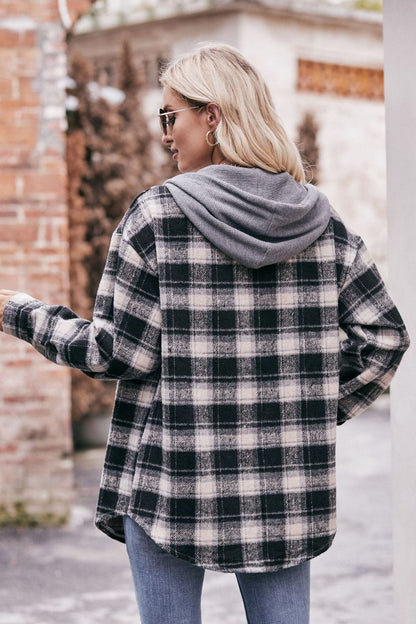 Plaid Dropped Shoulder Hooded Longline Jacket-Angel Casuals