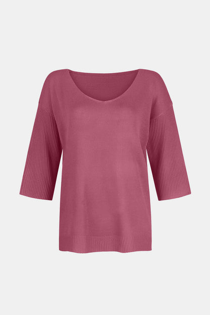 V-Neck Three-Quarter Sleeve Knit Top-Angel Casuals