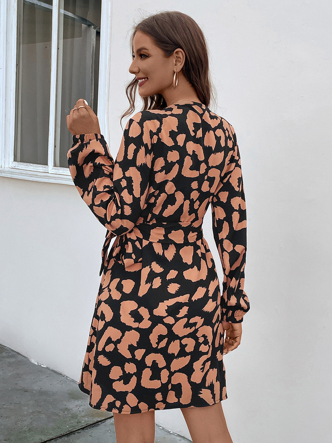 Printed Surplice Long Sleeve Dress-Angel Casuals