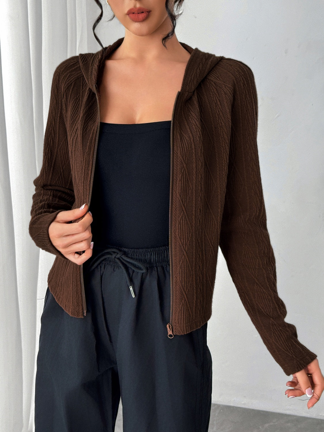 Texture Zip Up Long Sleeve Hooded Outerwear-Angel Casuals