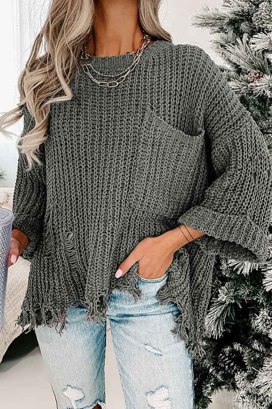 Distressed Round Neck Drop Shoulder Sweater-Angel Casuals