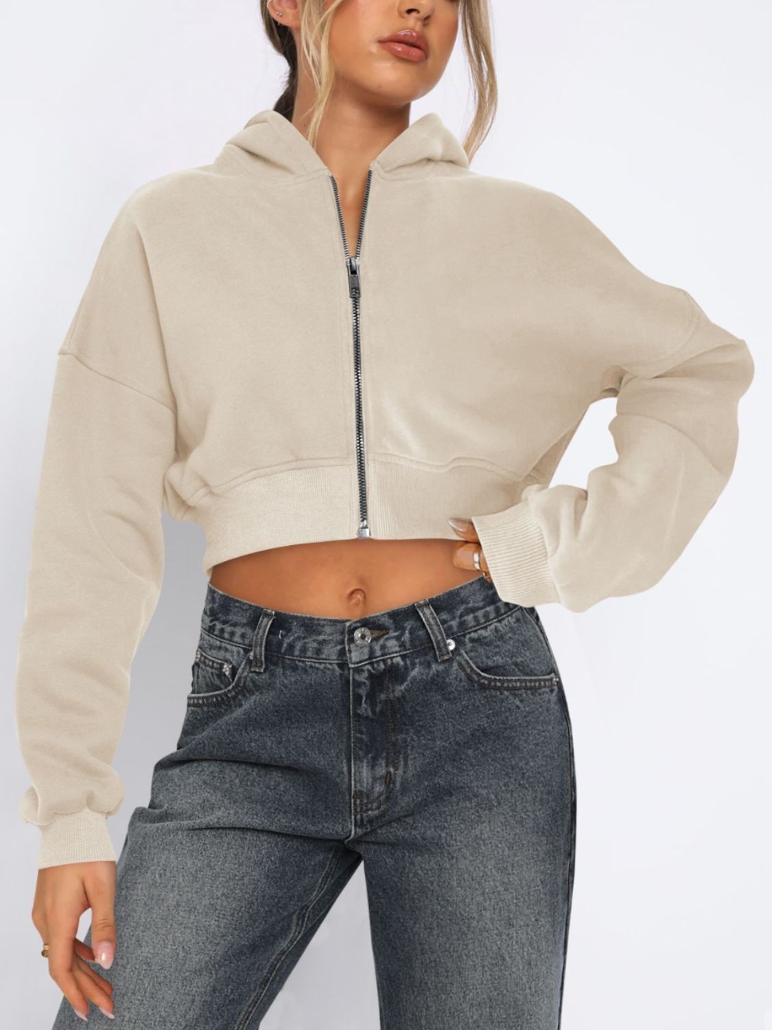 Zip Up Long Sleeve Hooded Cropped Jacket-Angel Casuals