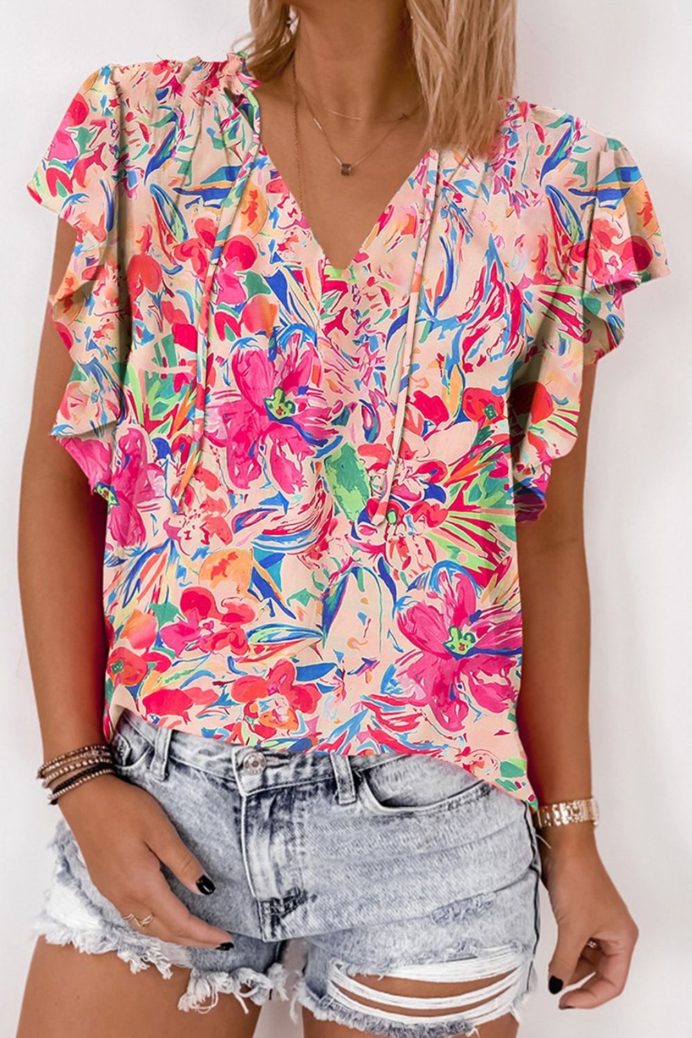 Ruffled Printed Tie Neck Cap Sleeve Blouse-Angel Casuals