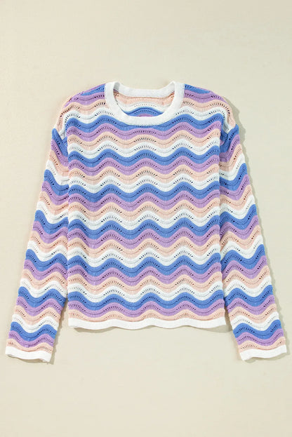 Contrast Wave Stripe Long Sleeve Sweater-Angel Casuals