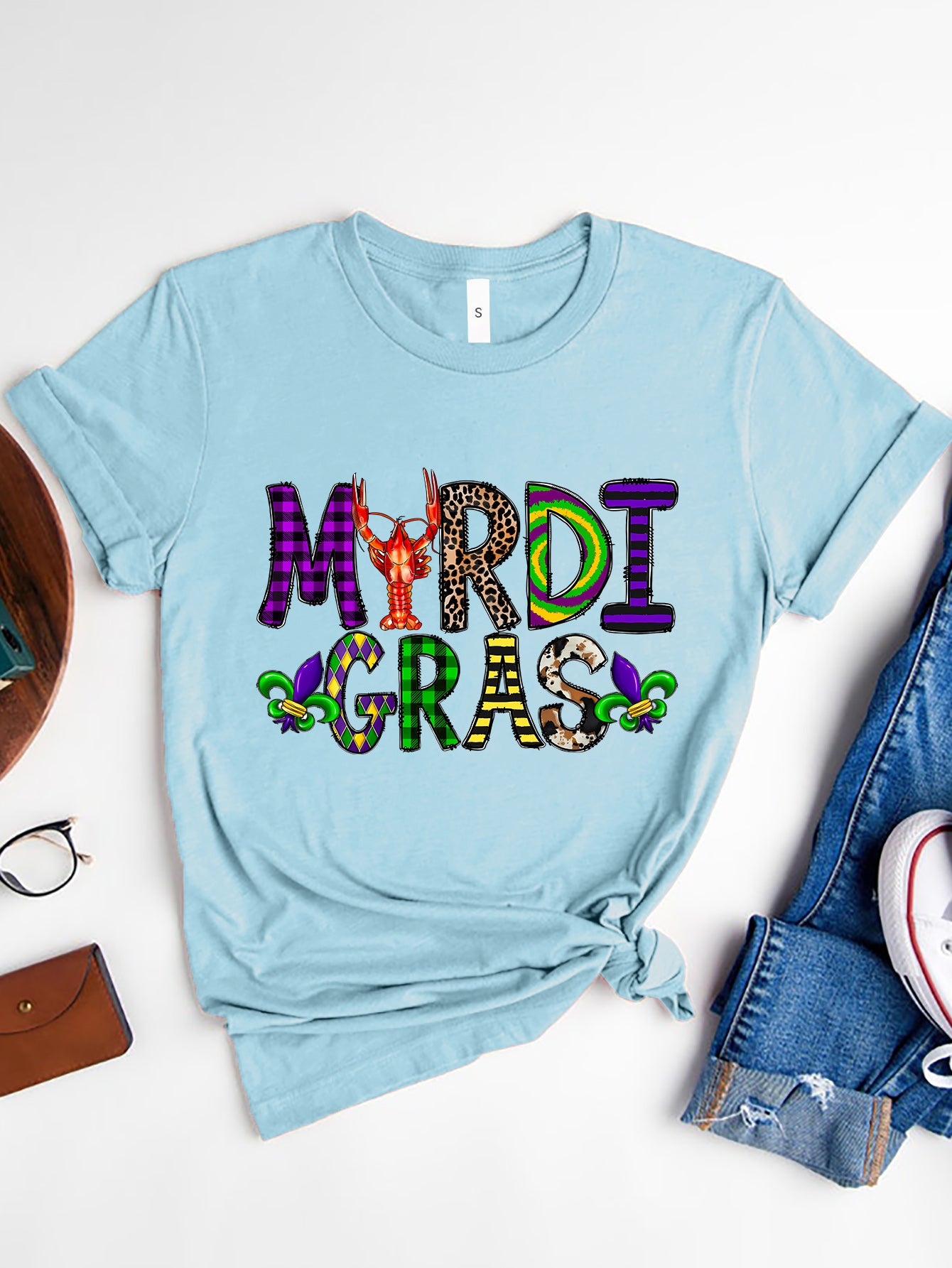 MARDI GRAS Round Neck Short Sleeve T-Shirt-Angel Casuals
