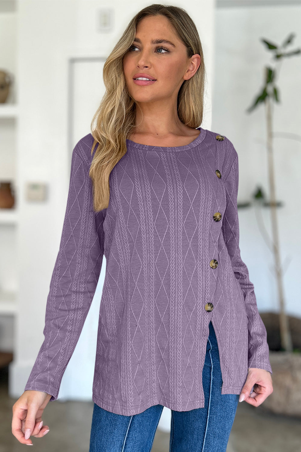 FAM-FAM Slit Round Neck Long Sleeve T-Shirt-Angel Casuals