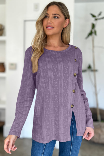 FAM-FAM Slit Round Neck Long Sleeve T-Shirt-Angel Casuals