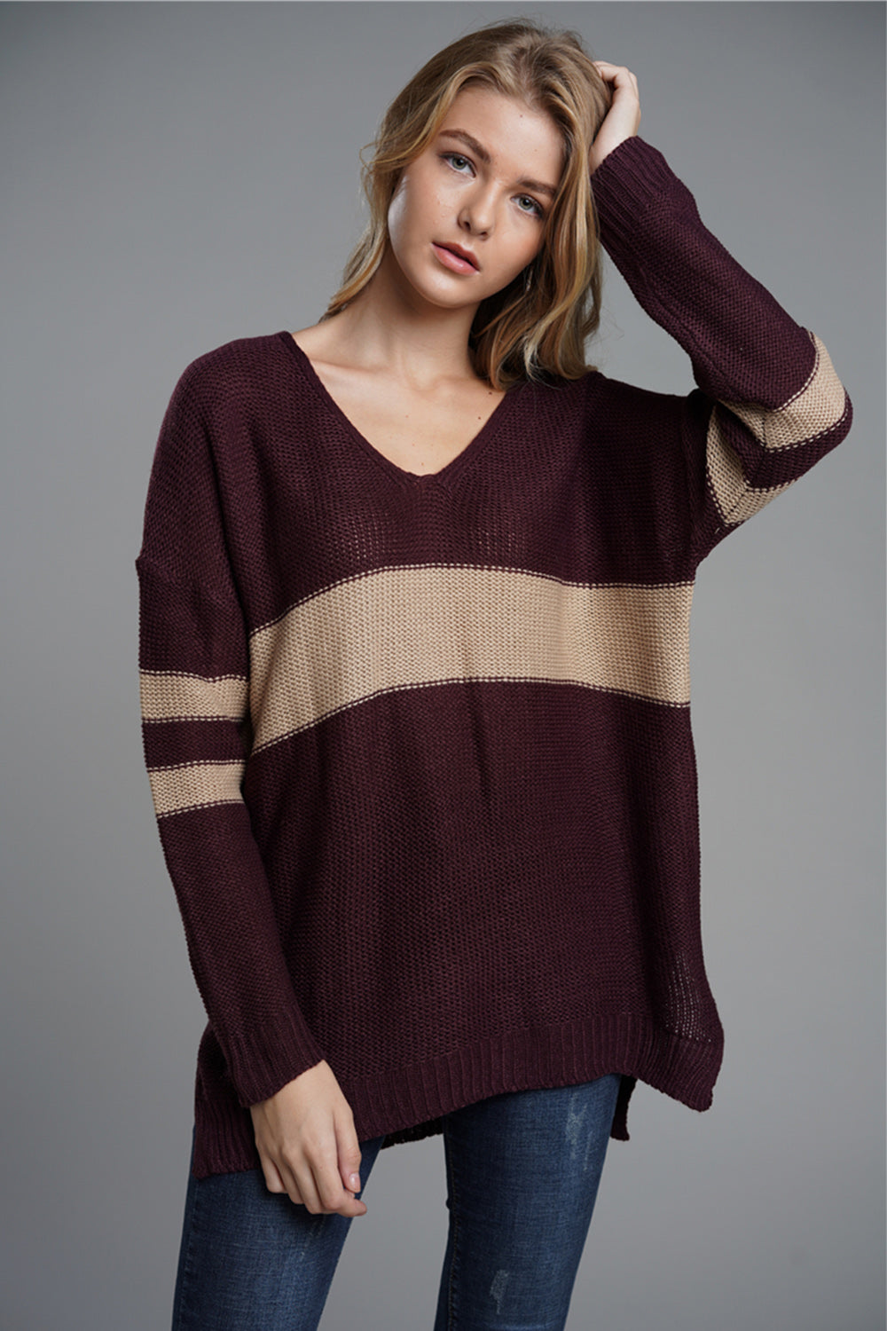 Slit Contrast V-Neck Long Sleeve Sweater-Angel Casuals