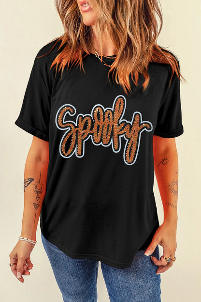 Rhinestone Letter Round Neck Short Sleeve T-Shirt-Angel Casuals