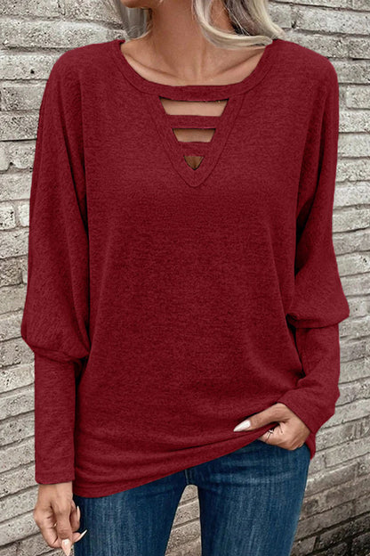 Cutout Round Neck Long Sleeve T-Shirt-Angel Casuals