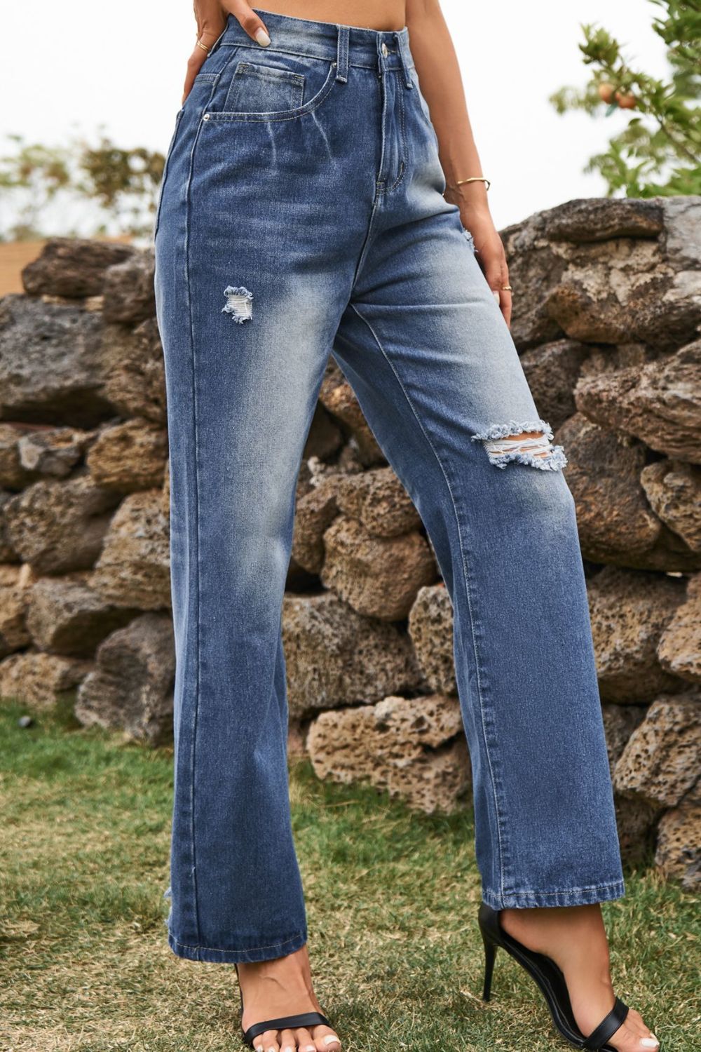 Distressed Buttoned Loose Fit Jeans-Angel Casuals