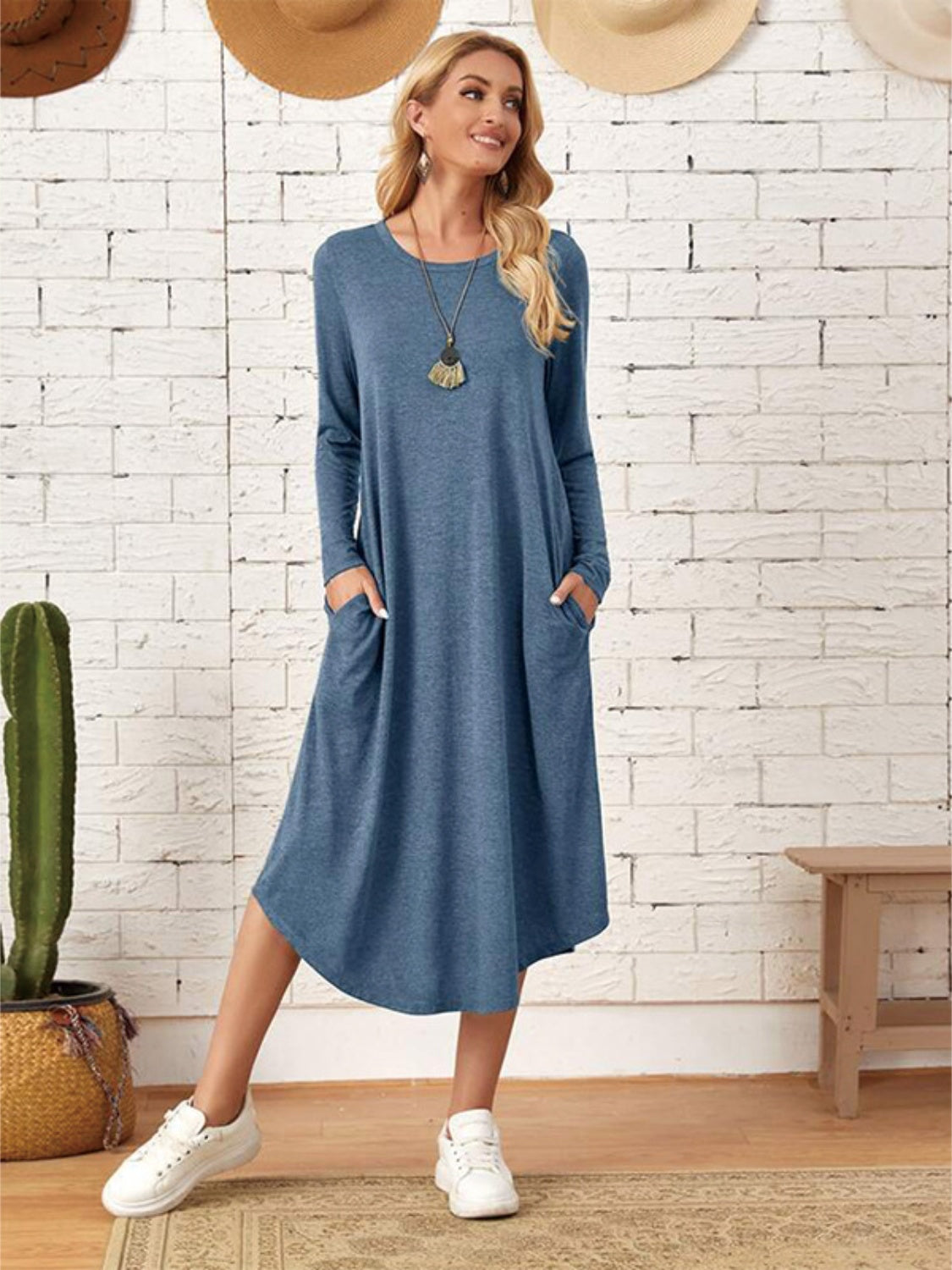 Pocketed Round Neck Long Sleeve Tee Dress-Angel Casuals