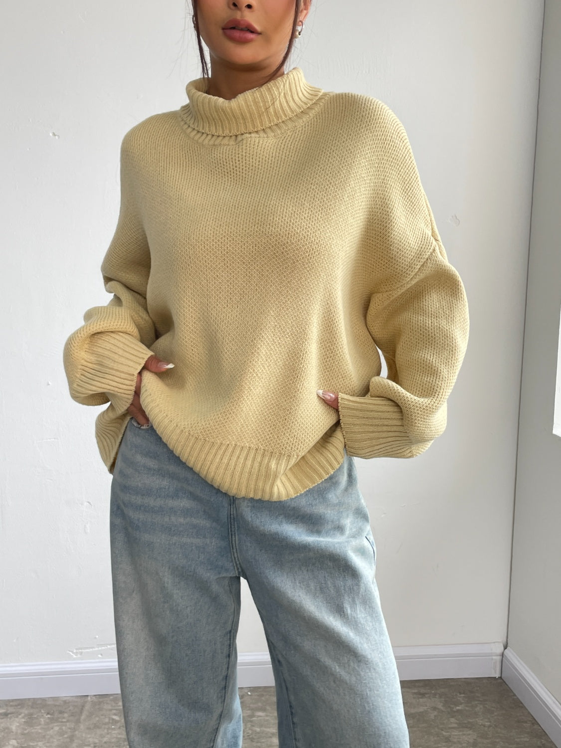 Turtleneck Dropped Shoulder Sweater-Angel Casuals