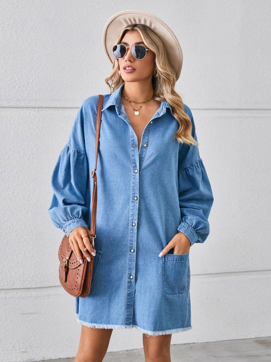 Button Up Pocketed Raw Hem Denim Dress-Angel Casuals