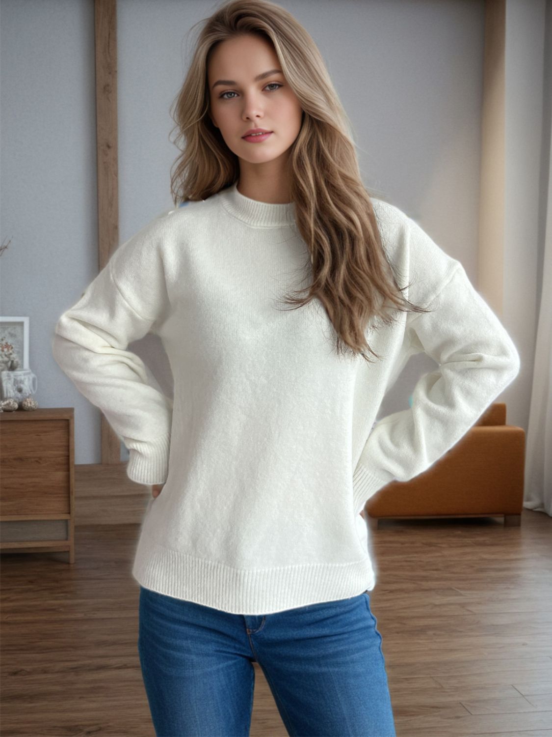 Round Neck Drop Shoulder Long Sleeve Sweater-Angel Casuals