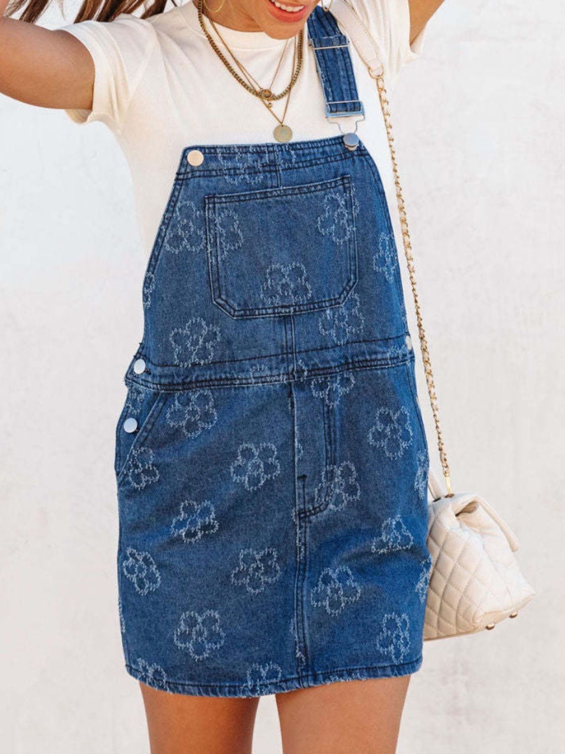 Flower Wide Strap Denim Overall Dress with Pockets-Angel Casuals