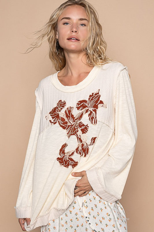 POL Embroidered Round Neck Long Sleeve Knit Top-Angel Casuals