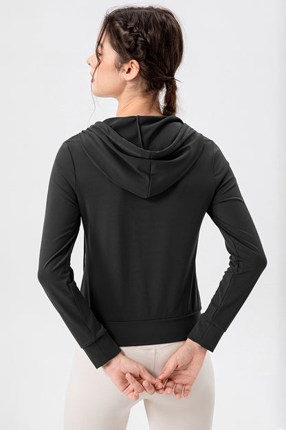 Drawstring Zip Up Hooded Active Outerwear-Angel Casuals