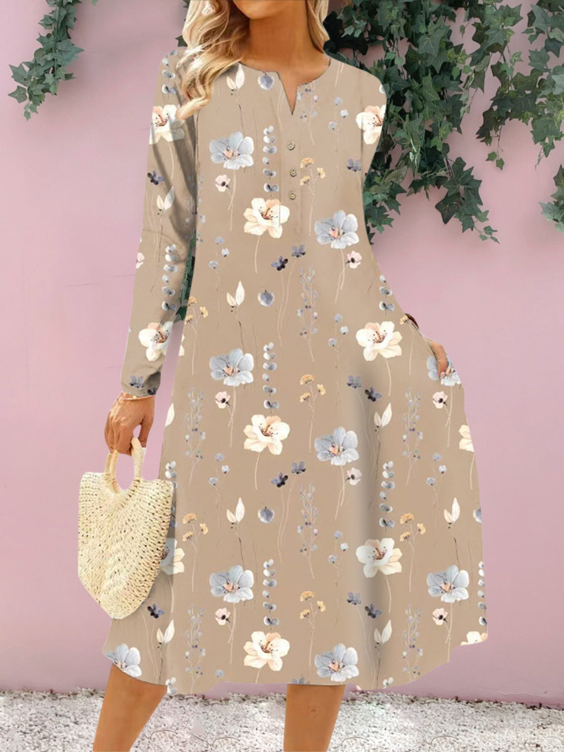 Floral Notched Long Sleeve Midi Dress-Angel Casuals