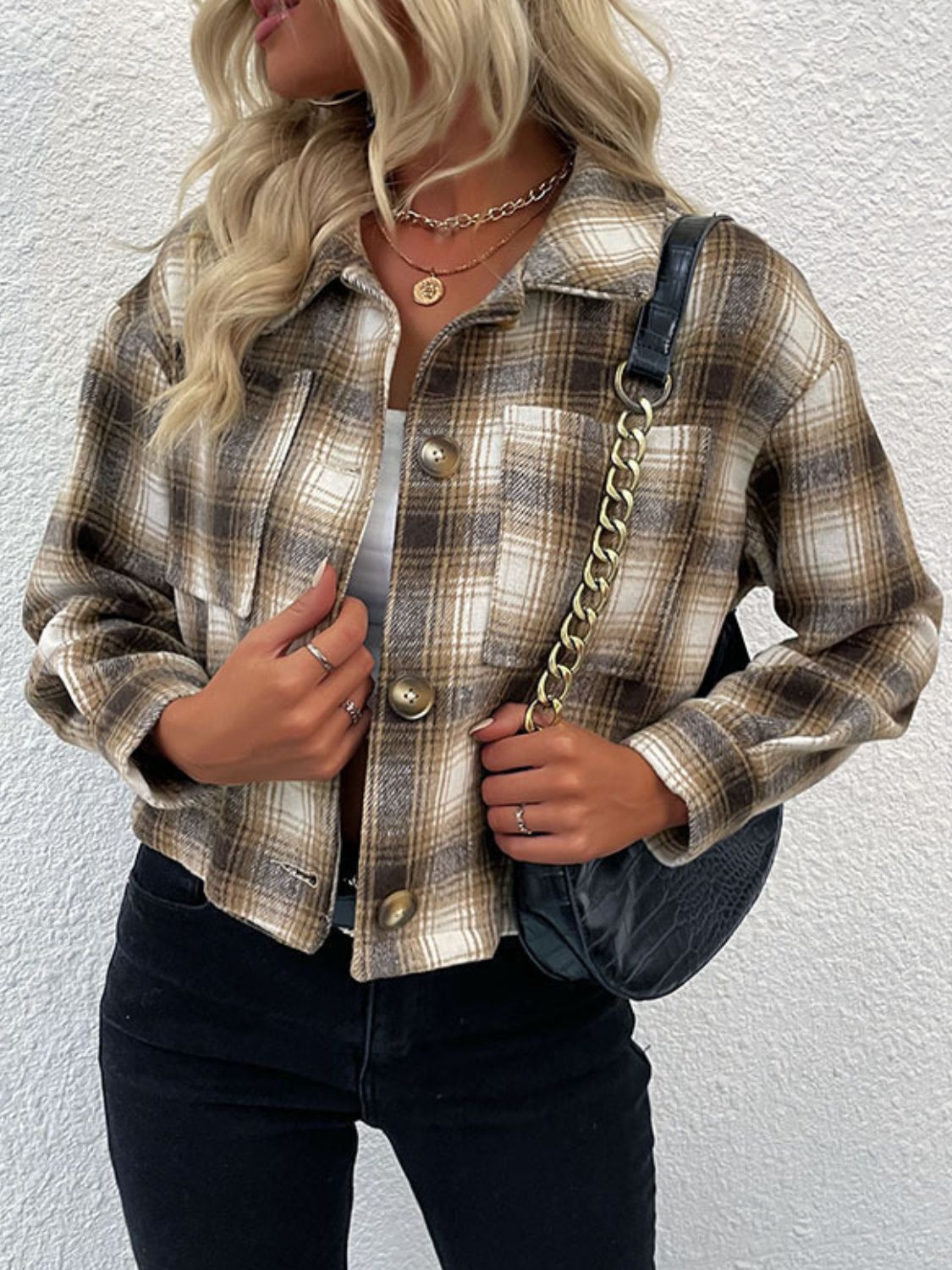 Plaid Button-Up Dropped Shoulder Shacket-Angel Casuals