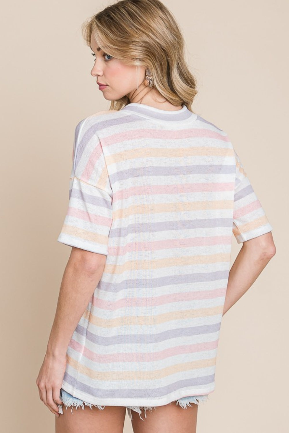 BOMBOM Striped V-Neck Short Sleeve T-Shirt-Angel Casuals