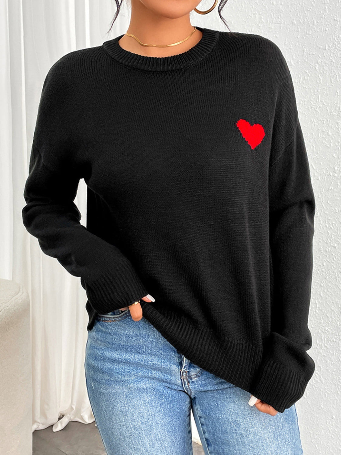 Heart Round Neck Long Sleeve Sweater-Angel Casuals