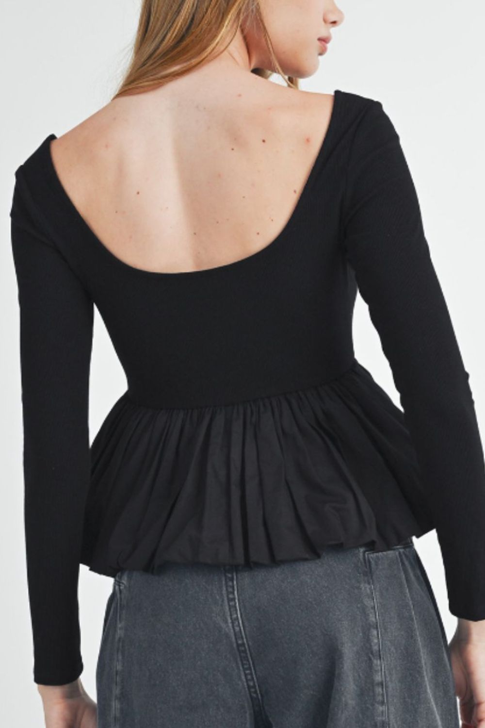 Peplum Scoop Neck Long Sleeve T-Shirt-Angel Casuals