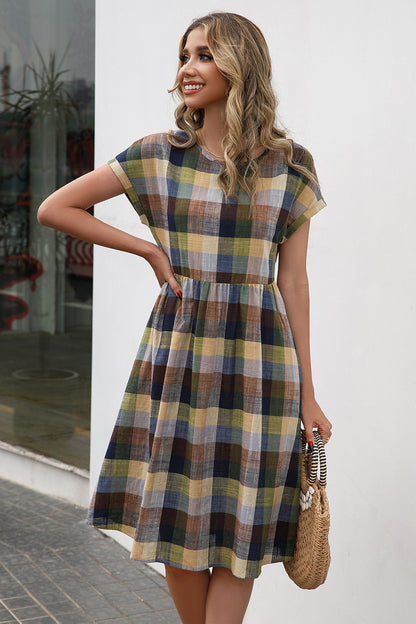 Plaid Round Neck Cap Sleeve Dress-Angel Casuals
